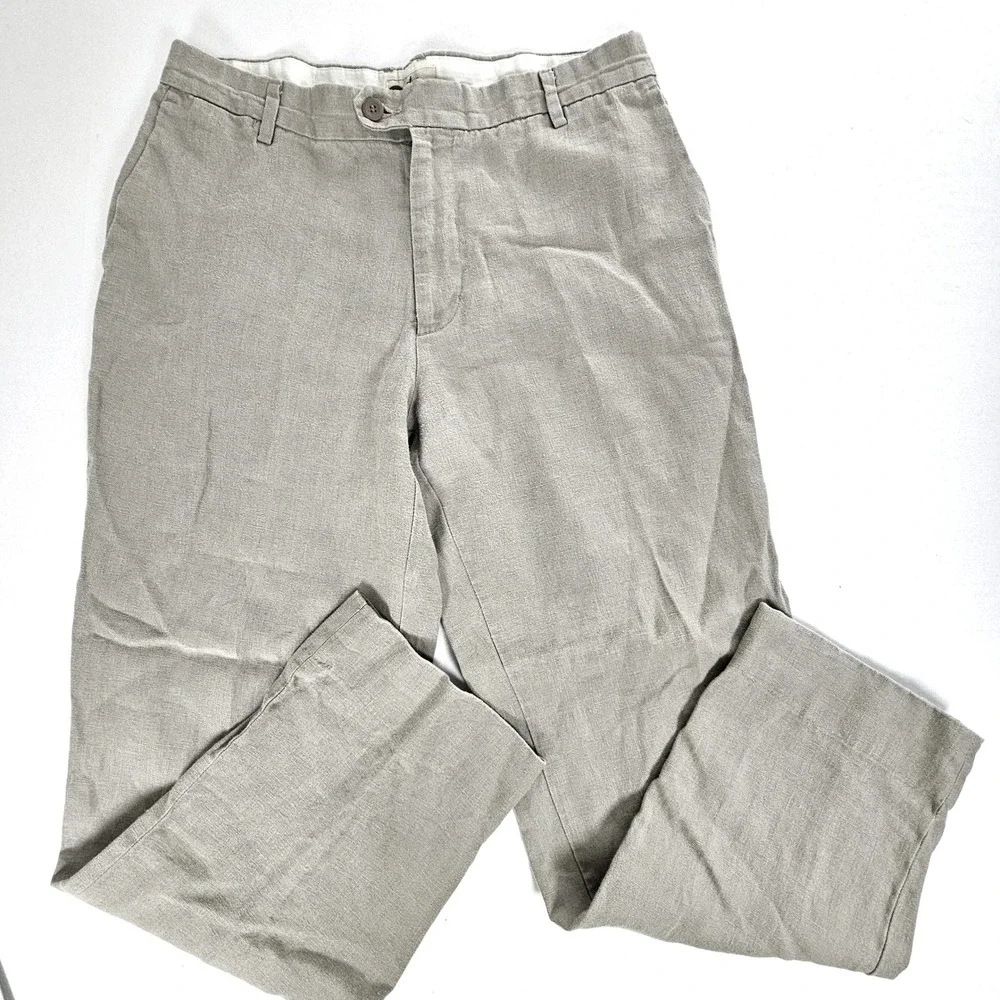 Dockers Mens 36x30 Khaki 100% Linen Flat Front Casual Trousers Pants Stone